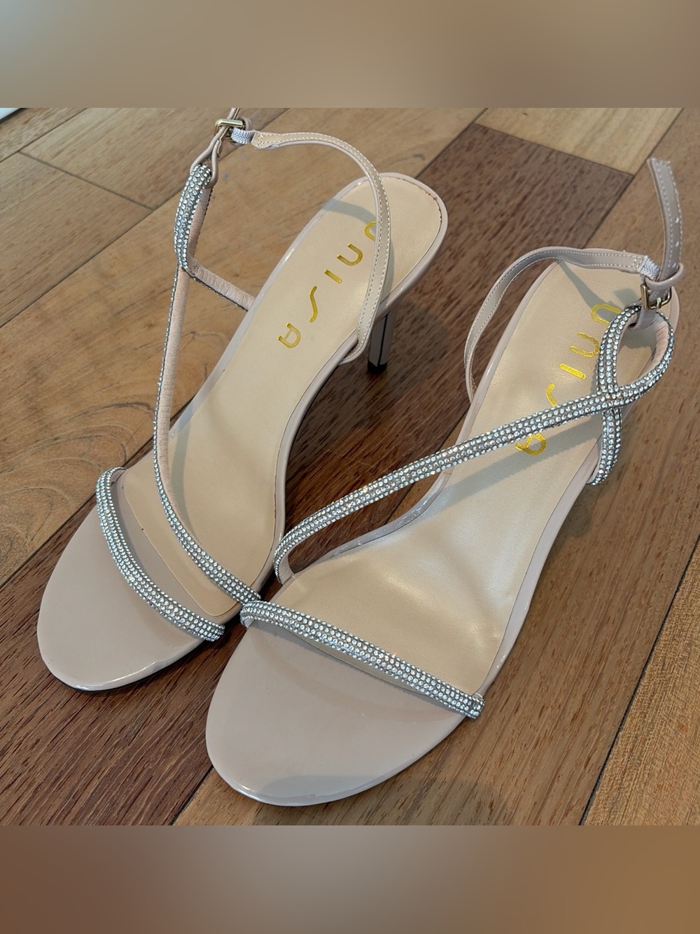 Unisa Beige Strappy Rhinestone Mid Heel Sandal